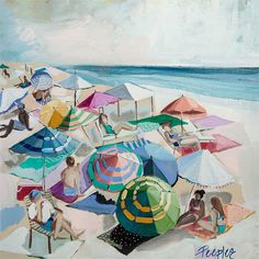 an oil painting of people sitting on the beach with umbrellas and chairs in front of them