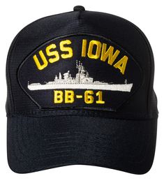 the uss iowa bbb - 61 embroidered hat is black and has yellow letters on it