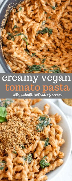 creamy vegan tomato pasta with spinach and parmesan cheese