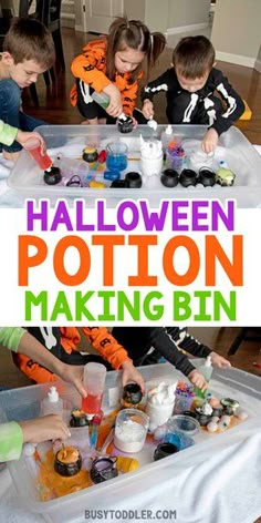 Halloween Potions Bin: Science Activity for Kids Halloween Craft With Kids, Fun Kid Halloween Activities, Halloween Activities For 2 Year, Halloween Outdoor Activities For Kids, Sensory Activities Halloween, Halloween Birthday Activities For Kids, Preschool Halloween Sensory Activities, Halloween Ideas For Preschoolers, Fun Halloween Activities For Preschool