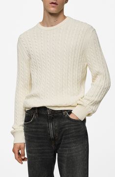 Cable stitching adds touchably cozy texture to this classic crewneck sweater knit from a wool-kissed cotton blend. Crewneck Long sleeves Ribbed cuffs and hem 71% cotton, 10% wool, 10% polyester, 9% polyamide Hand wash, dry flat Imported Cozy Texture, Braid Designs, Cable Stitch, Mens Jumpers, Sweater Knit, Knit Cotton, Crewneck Sweater, Jumpers And Cardigans, Chunky Knit