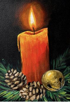 a painting of a candle with pine cones and a gold ornament next to it