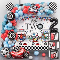 a race car themed birthday party with balloons