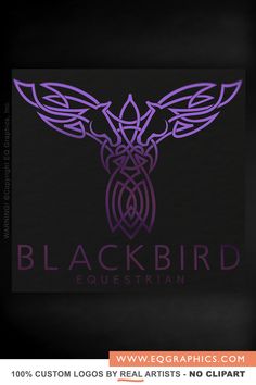 the black bird equestrian logo is shown on a dark background with purple lines and an intricate design