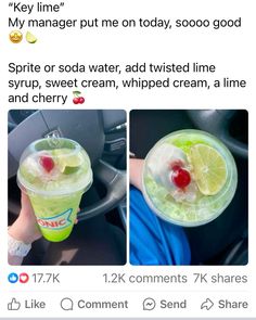 someone is holding up a cup with limeade and ice cream in it while driving