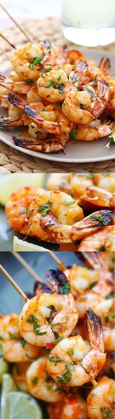 grilled shrimp on skewers with lemon wedges and garnishes