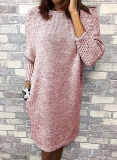 Loose Knit Dress, Pink Sweater Dress, Casual Shirt Women, Solid Sweaters, Round Neck Dresses, Round Neck Sweaters, Feminine Dress