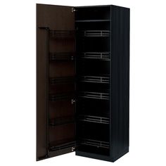 an open black cabinet with shelves on both sides