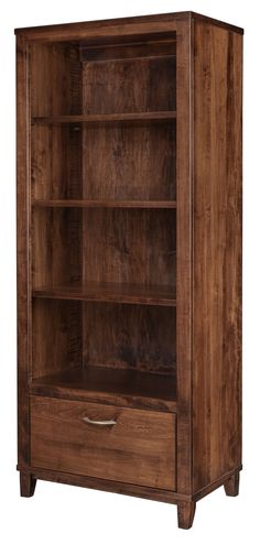 a wooden bookcase with two drawers and one door open