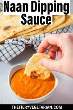 a hand dipping sauce into a white bowl with pita bread on the side and text overlay