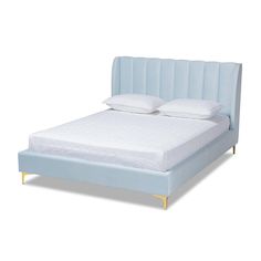 Baxton Studio Saverio Glam and Luxe Light Blue Velvet Fabric Upholstered Queen Size Platform Bed with Gold-Tone Legs FredCo Light Blue Velvet, Classic Channel, Studio Bed, Blue Velvet Fabric, Foam Bed, Queen Size Platform Bed, Blue Furniture, Queen Platform Bed, Bed Dimensions