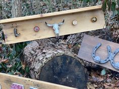 a wooden bench with metal hooks on it and a cow skull mounted to the back