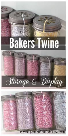 baker's twine storage and display jars with sprinkles in them