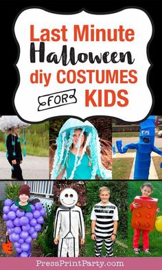 some kids are dressed up in costumes for halloween and the title says last minute halloween diy costumes for kids