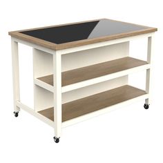 a white table with a black top and shelves on wheels is shown in front of a white background