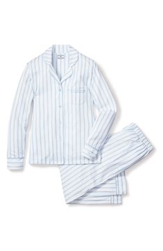 Cozy up in these luxuriously soft pima-cotton pajamas patterned in sweet stripes and designed with elevated details like piped edges. 31" inseam Top has front button closure; notched collar; long sleeves; chest patch pocket Pants have elastic/drawstring waist 100% pima cotton Machine wash, tumble dry Made in Peru Knit Pajamas, Pajama Pattern, Classic Pajamas, Striped Two Piece, Cotton Pajamas, Striped Pyjamas, Cotton Pajama Sets, Short Pajama Set, Getting Cozy