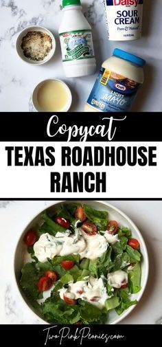 a bowl filled with lettuce, tomatoes and ranch dressing next to a bottle of mayonnaise