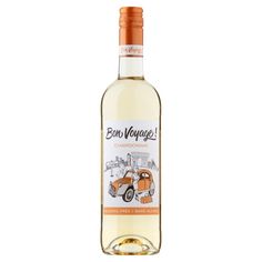 a bottle of white wine with an orange label on the front and bottom, featuring a car