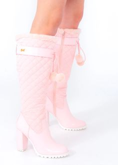 Pink Puffer Knee High Boot. Genuine high quality faux fur. Fall winter boots. White puff balls and quilted comfort. Winter Fairy Outfit, Winter Boots White, Pink Winter Boots, Fairy Couture, Puff Balls, Fall Winter Boots, Fairy Outfit, Boutique Couture, Winter Fairy