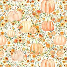 watercolor pumpkins and sunflowers on a white background with orange, yellow, and green leaves