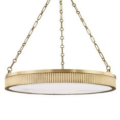 a large circular light fixture hanging from the ceiling with gold chain and white glass shades