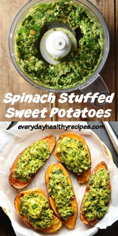 spinach stuffed sweet potatoes in a food processor and then topped with pesto sauce