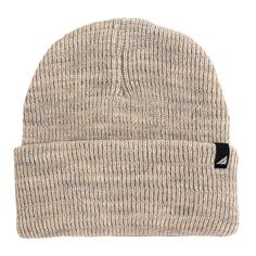 a beige beanie hat with a black patch on the front and side of it