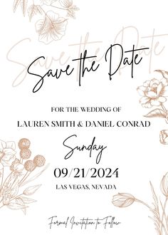 save the date card with flowers and leaves