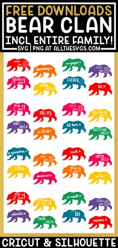 the bear clan poster is shown with different colors and font on it, as well as an