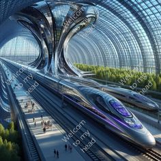 an artistic rendering of a futuristic train station with high speed trains in the foreground