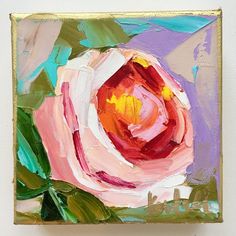 an oil painting of a pink rose on a white wall with green leaves and purple background