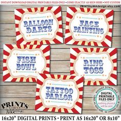 four red, white and blue circus themed printables for party favors or cupcake toppers