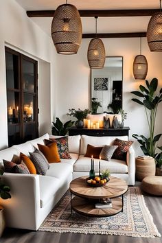 a living room filled with furniture and lots of plants on top of the tables in front of them