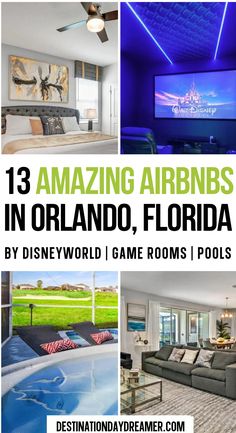 White bed with pillows, movie playing on screen in dark room with words overtop '13 Amazing Airbnbs in Orlando Florida for Disney World' Orlando Airbnb, Movie Rooms, Florida National Parks, Disneyland Travel, Walt Disney World Orlando, Trip To Florida, Big Families, Disney World Orlando