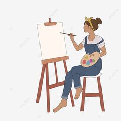 a woman is painting on an easel with a brush and watercolor paints in her hand