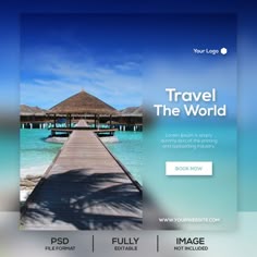 a travel landing page with a pier leading to the water and thatched huts in the background