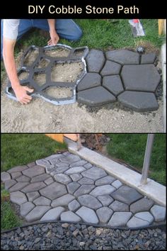 two pictures showing how to make a stepping stone walkway