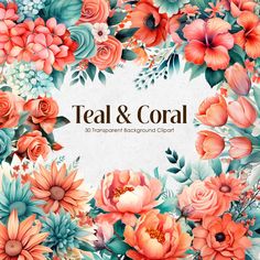 an orange and blue floral arrangement with the words teal & coral