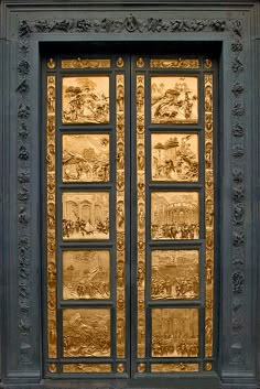 two people sitting on a bench in front of an ornate door with gold foiling