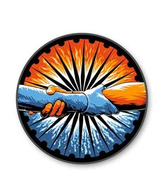 an orange and blue circular sticker with the image of two hands holding each other