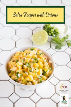 salsa recipe with onions and cilantro in a white bowl on a tiled table