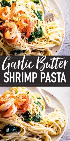 garlic butter shrimp pasta on a white plate