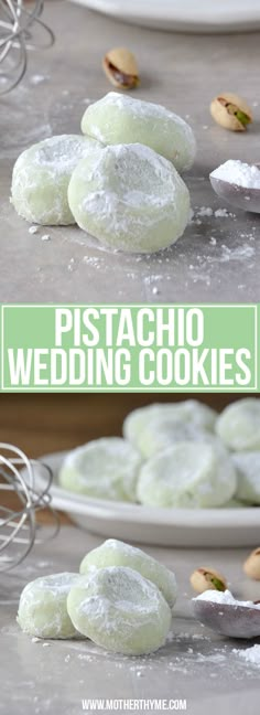 pistachio wedding cookies with powdered sugar on them