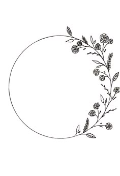 an oval frame with flowers and leaves drawn in black ink on a white paper background