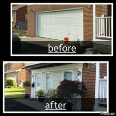 before and after photos of a house with garage doors