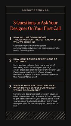 three questions to ask your designer on your first call info graphic by schmatic design co