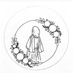 a black and white drawing of a woman standing in front of a circle with flowers