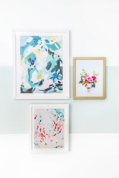 three framed art pieces on the wall with text that reads make your gallery wall pop with a diy painted wall block