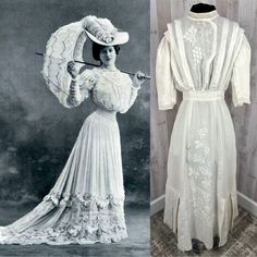 STUNNING ANTIQUE EDWARDIAN  WHITE GOWN. 1900-1910s linen dress with lovely embellished grape themed embroidery throughout the center front panel. Collar and Half sleeves trimed with crochet details. Full length, unlined, and pleated lower skirt details.  Pintuck bodice, nipped waist and button back closures.  MEASUREMENTS:  Bust: 32 - 36" (measured flat, and then slightly stretched and measured again) Waist: 22" - 24" (currently measured 22 inches at the waist, however hooks could be moved over 1970s Edwardian Revival, Historical Design Vintage Dress For Events, Historical White Victorian Costume Dress, Vintage Embroidered Costume Dress, Victorian Style Fitted Vintage Dress In White, Fitted Victorian Vintage Dress In Vintage White, Elegant White Victorian Dress For Vintage Fashion, White Victorian Dress With Historical Design, White Victorian Dress For Spring Costume