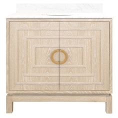 a wooden cabinet with a white marble top and gold accents on the door, in front of a white background